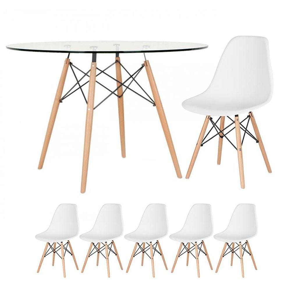 KIT - Mesa Eames com tampo de vidro 120 cm + 5 cadeiras Eiffel DSW
