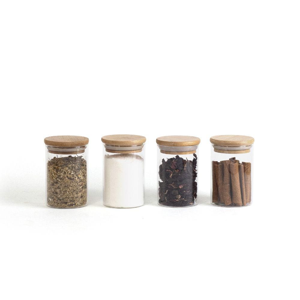 Kit 4 Potes De Vidro Hermético C/ Tampa De Bambu 250Ml