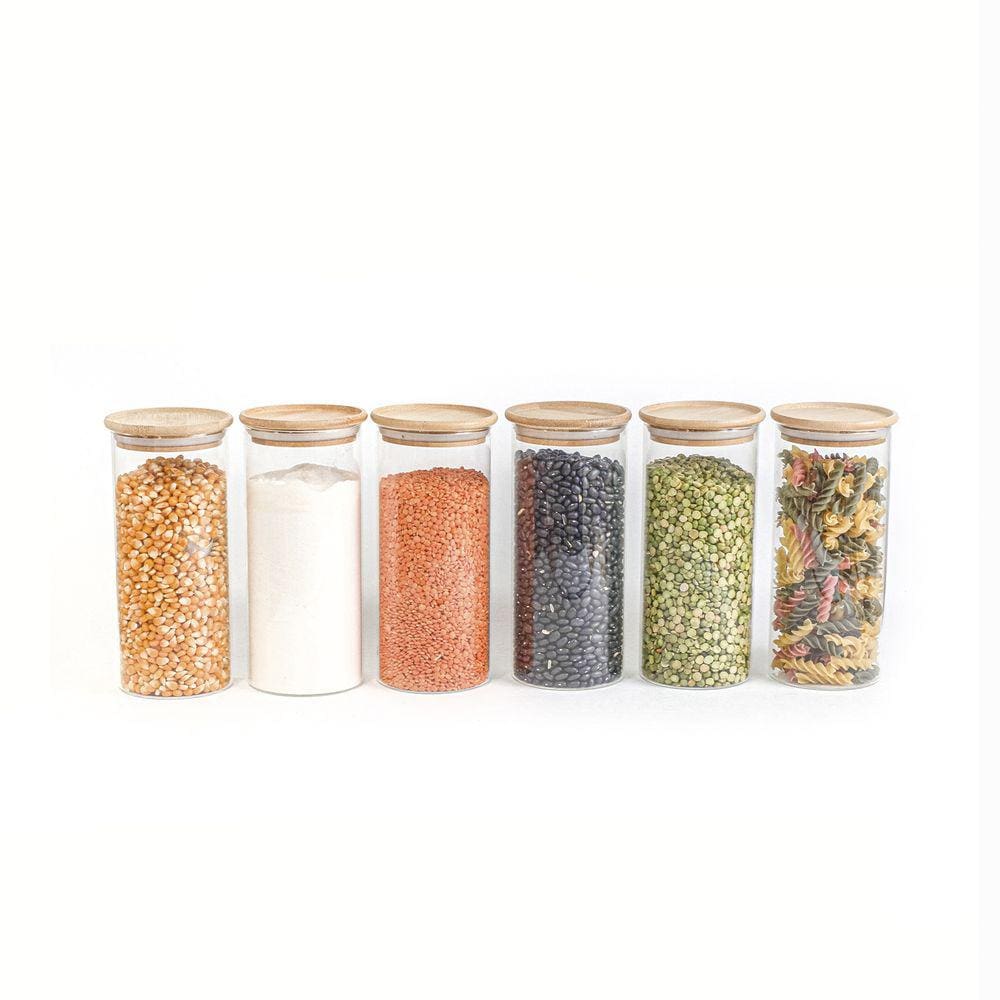 Kit 6 Potes De Vidro Empilhável Hermético Tampa Bambu 800Ml