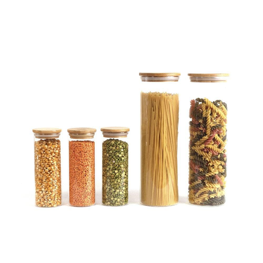 Kit Potes Hermeticos Vidro Circular Bambu 2000/450Ml - 5Pçs