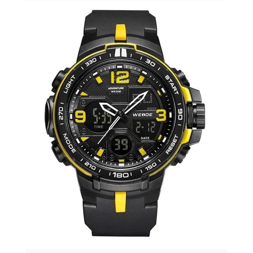 Relógio esportivo weide masculino preto amarelo digital analógico multifunção WA3J8005