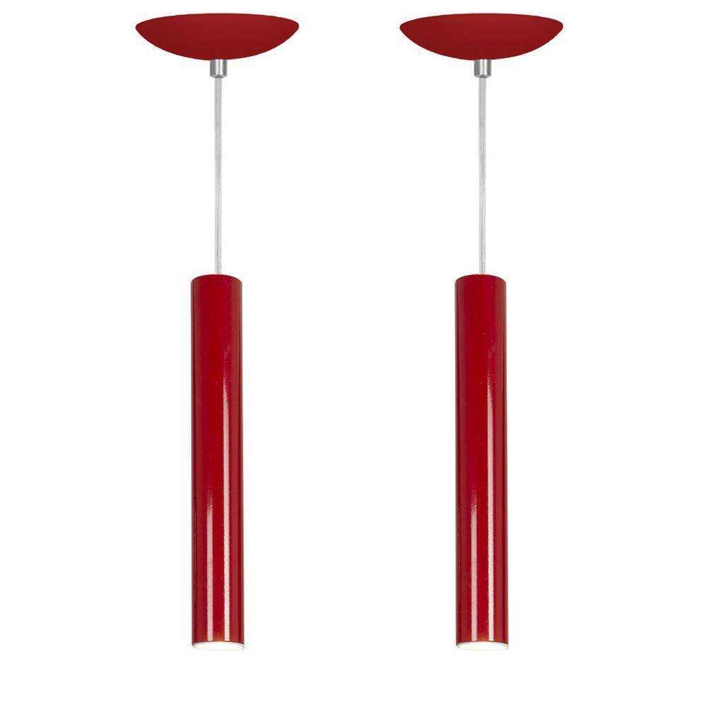 kit 2 Pendente Tubo Cilindro Vermelho 30Cm + Led 6k