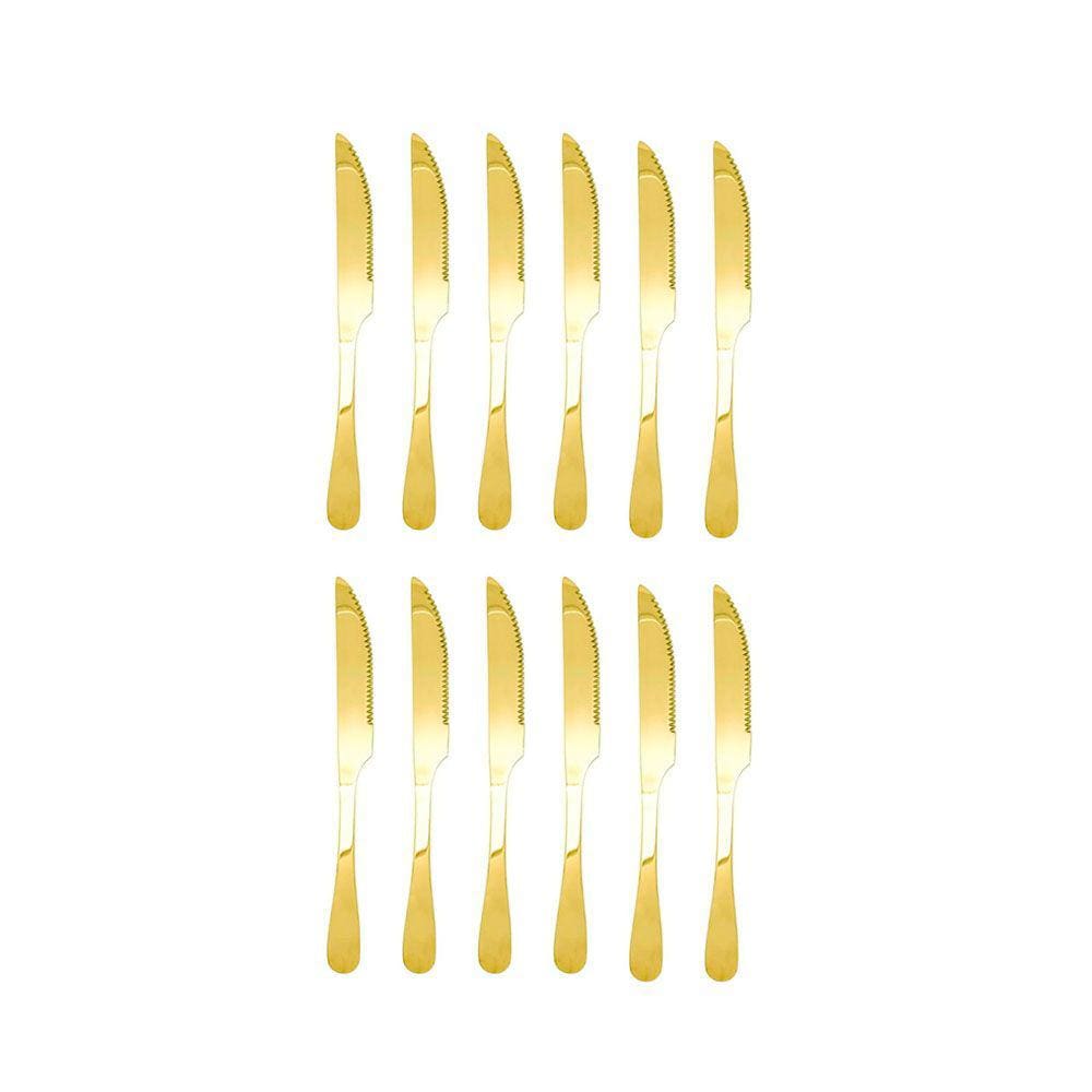 Faca de Mesa Dourado Serrilhada Churrasco Inox Jogo 12un