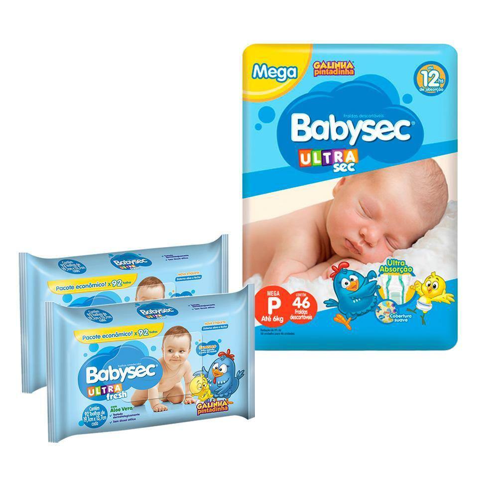 Kit Fralda Babysec Ultrasec P - 46 Unidades + Lenço Umedecido Babysec Ultra Fresh - 184 Unidades