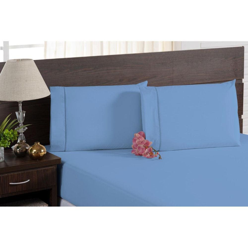 Kit Para Cama Casal Azul 5 Peças Lençol Travesseiro E Fronha