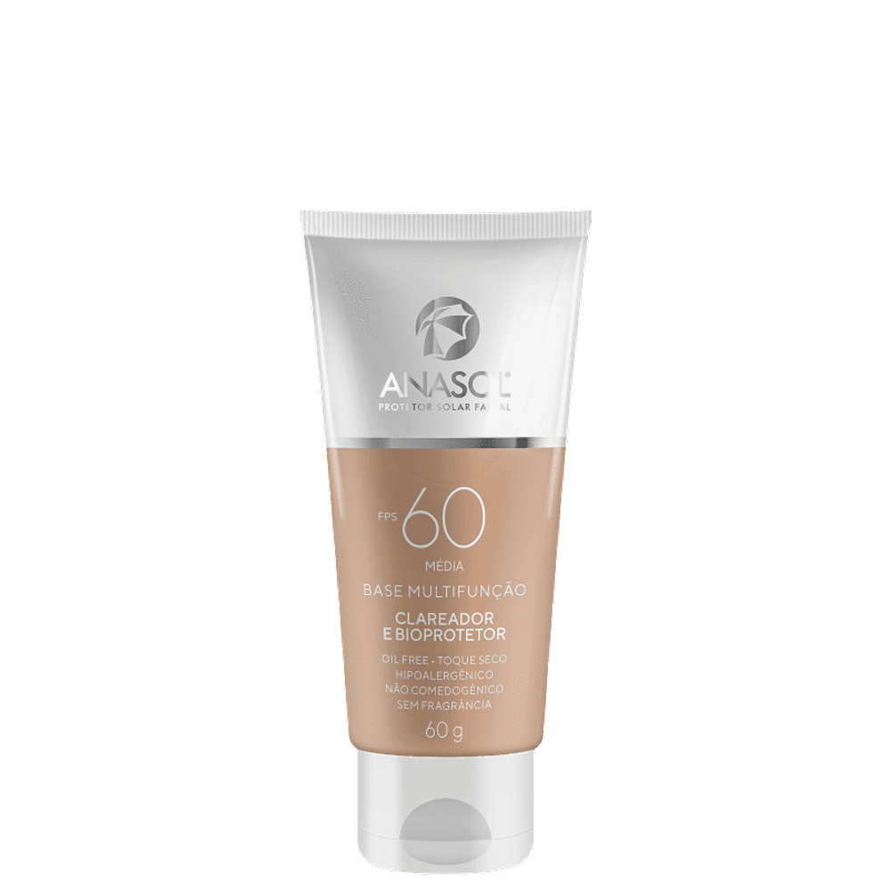 Protetor Solar Facial 60 FPS com Cor Média Multifunção ClareadorAnasol Toque Seco Oil Free Hipoalergênico Não Comedogênico Vegano e Cruelty Free