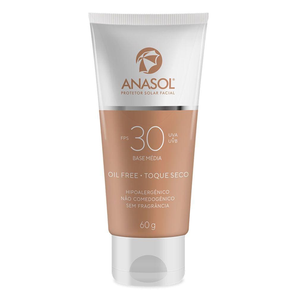 Protetor Solar Facial 30 FPS com Cor Média Multifunção Clareador Anasol Toque Seco Oil Free Hipoalergênico Não Comedogênico Vegano e Cruelty Free