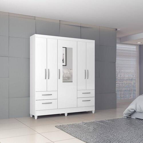 Guarda Roupa Solteiro 5 Portas 4 Gavetas com Espelho Vitória Atualle - Branco Menor preço em Guarda Roupa Solteiro 5 Portas 4 Gavetas com Espelho Vitória Atualle - Branco