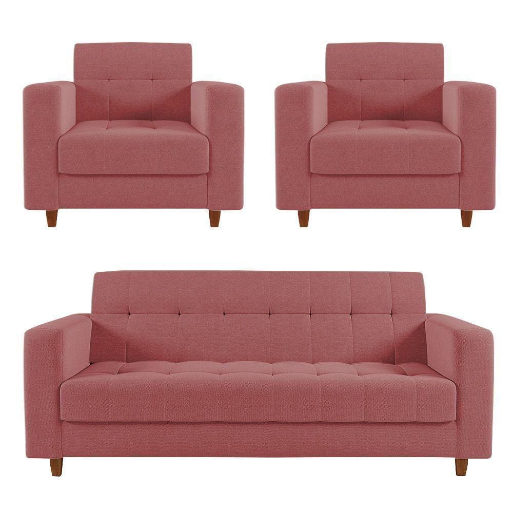 Kit Sofá 03 Lugares 02 Poltronas Arezzo Linho Pés Chanfrado