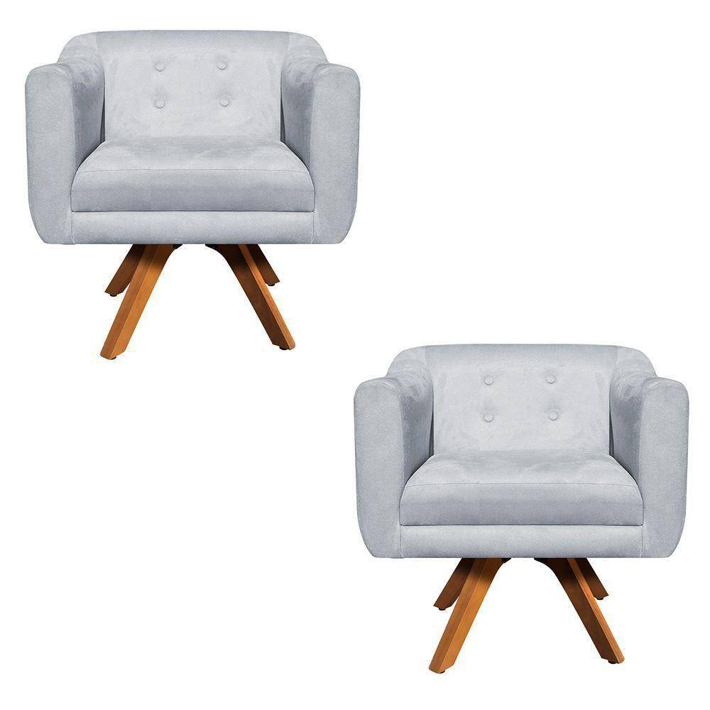 Kit 02 Poltronas Giratória Julia Suede Base Madeira