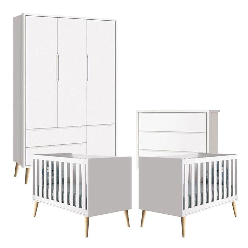 Quarto de Bebê Theo 3 Portas com 02 Berços e Cômoda Gaveteiro Branco Acetinado Pés Madeira Natural - Reller
