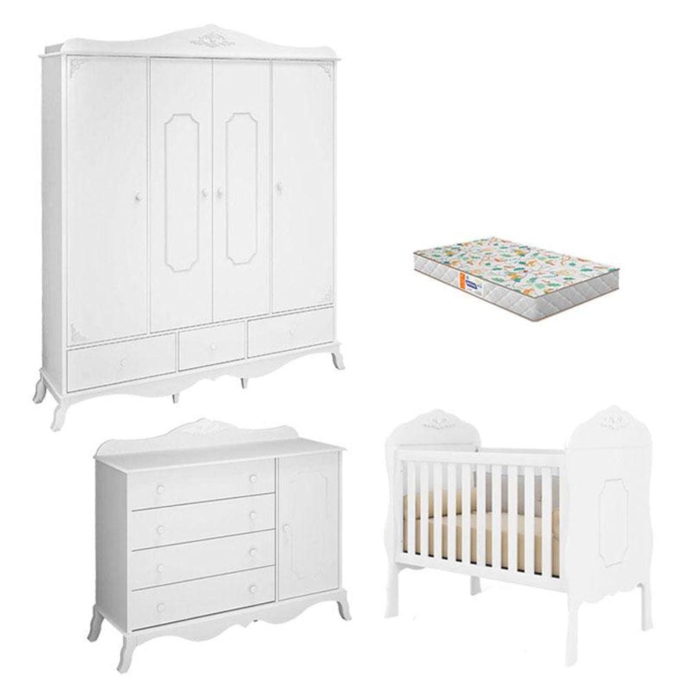 Quarto de Bebê Realeza e Cômoda 1 Porta Branco Acetinado com Colchão Gazin - Canaã