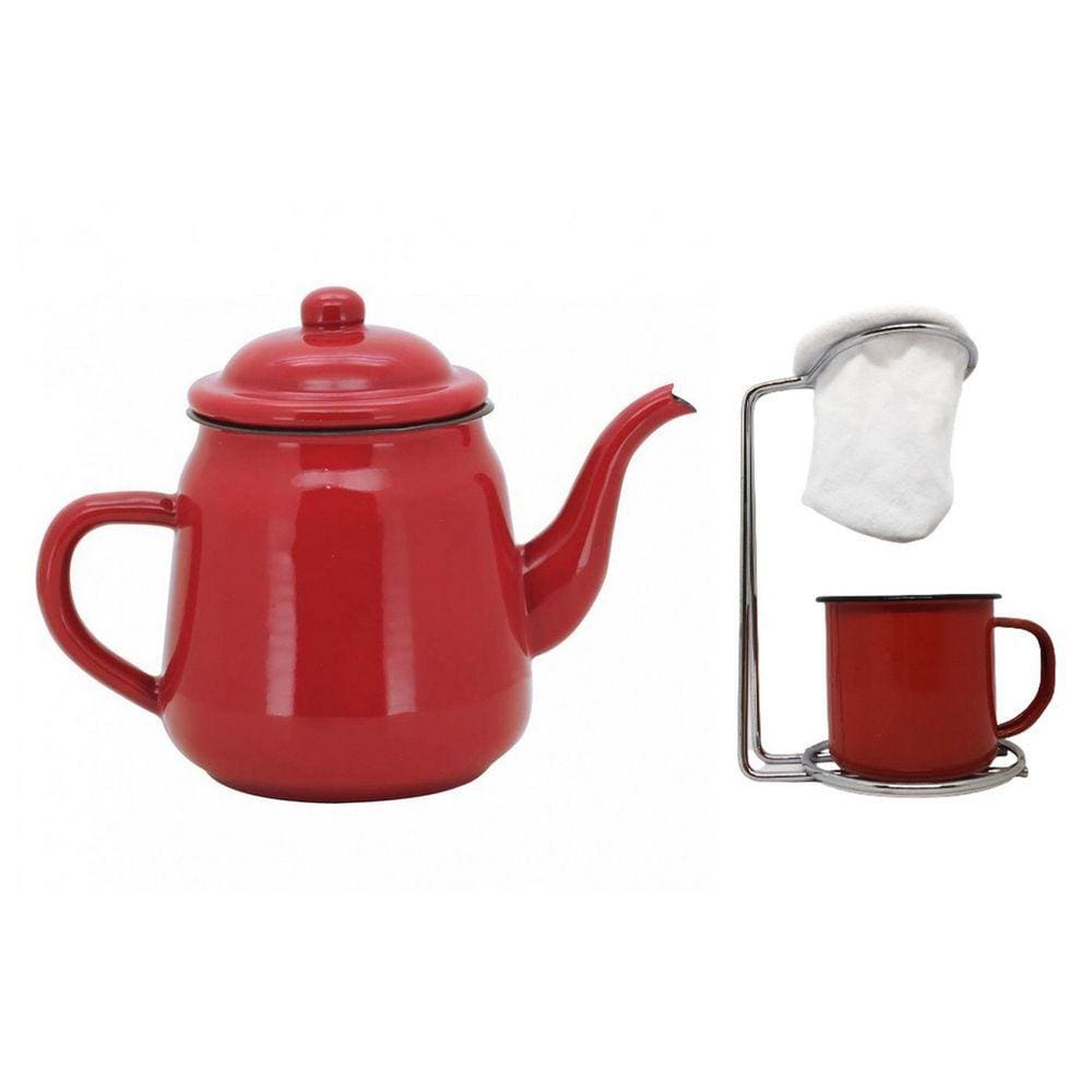Kit Bule Esmaltado Vermelho e Mini Coador Café Aço Cromado com Caneca - Mundial Import
