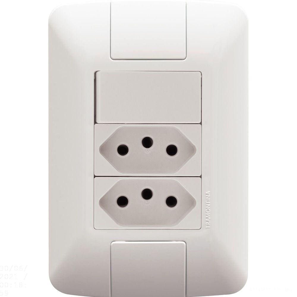 Conjunto 4x2 com 1 Interruptor Simples 6 A 250 V e 2 Tomadas 2P+T 10 A 250 V Tramontina Aria em Branco Tramontina