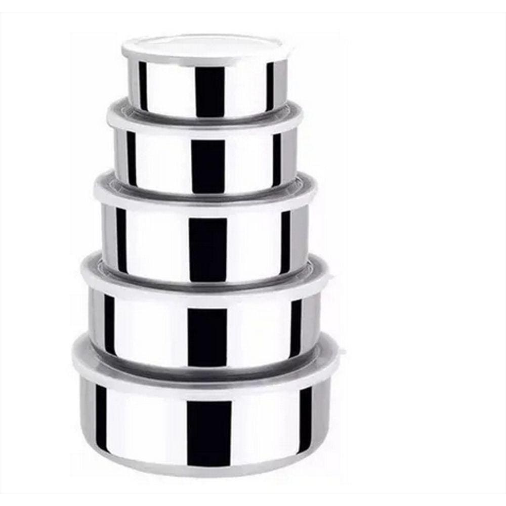 Jogo 5 Tigelas Pote Inox Com Tampa Hermético Redondo