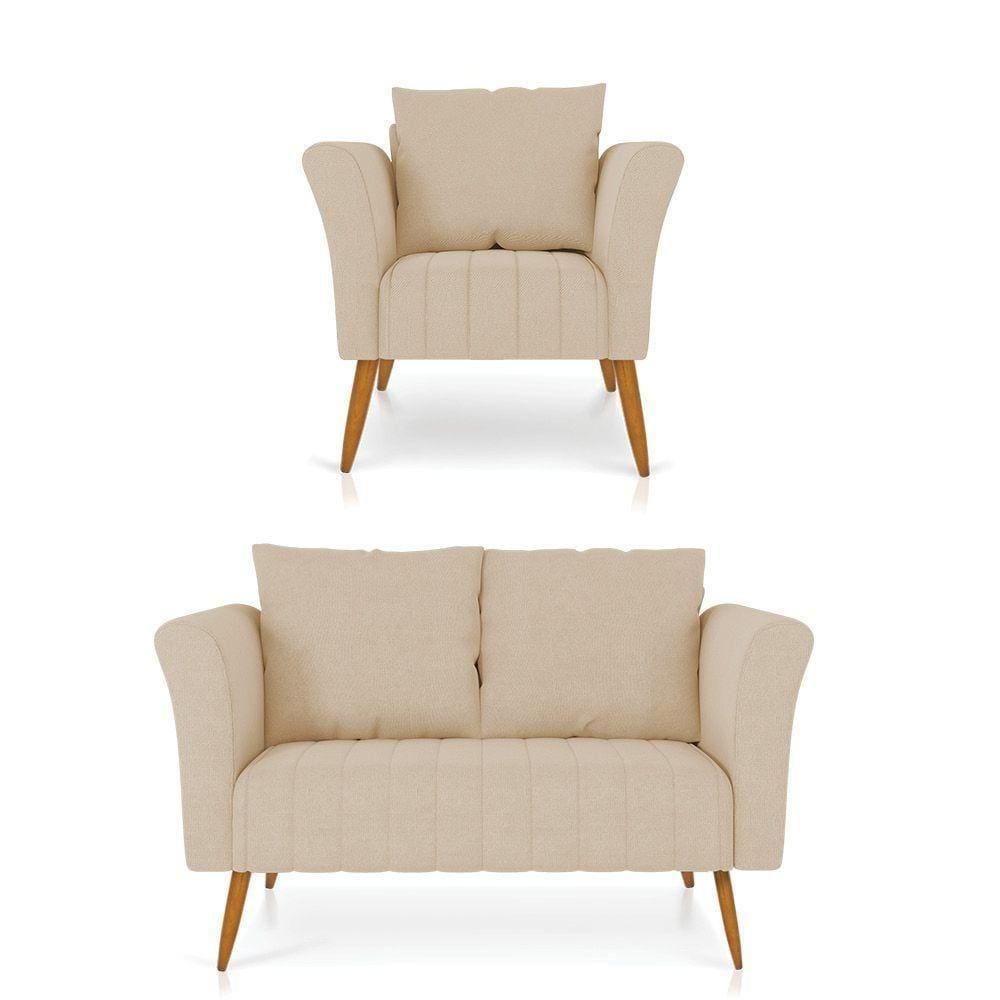 Kit 01 Namoradeira 02 Lugares E 01 Poltrona Marilia Linho Pés Palito Castanho - D`rossi Cor A19 Grosso Bege