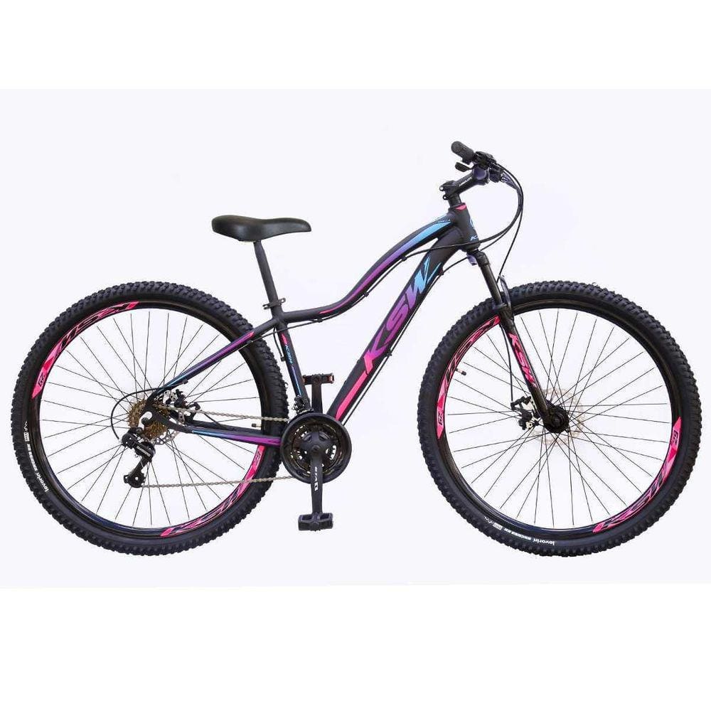 Bicicleta Aro 29 Ksw Mwza Feminina Alumínio 21v Câmbios Shimano Freio a Disco - Preto/Pink/Azul