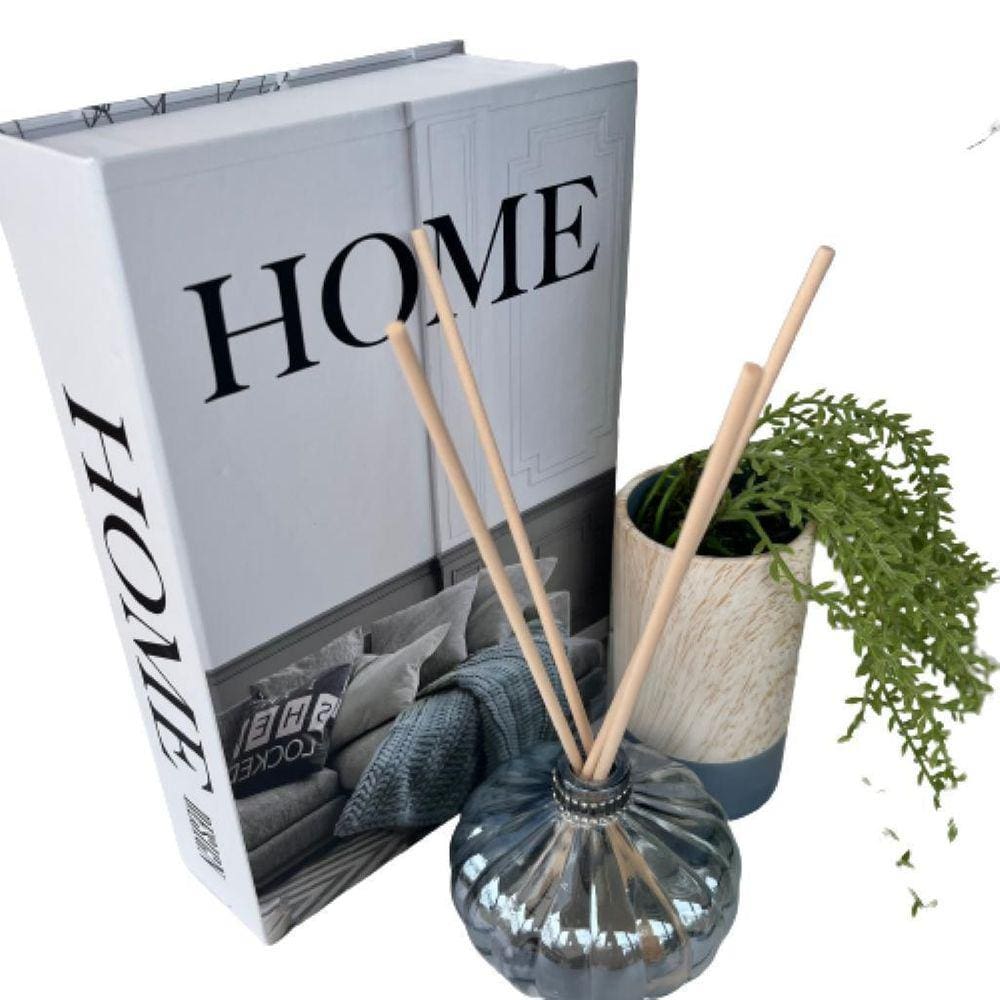 Livro decorativo + difusor de vidro + vaso amadeirado