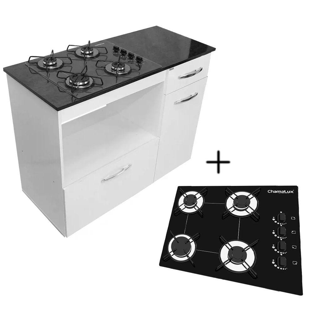 Kit Balcão Violeta Branco com Cooktop Preto 4 Bocas Bivolt