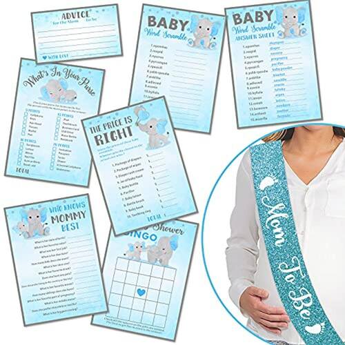Blue Elephant Baby Shower Game Cards Mom To Be Sash Bundle Set of 6