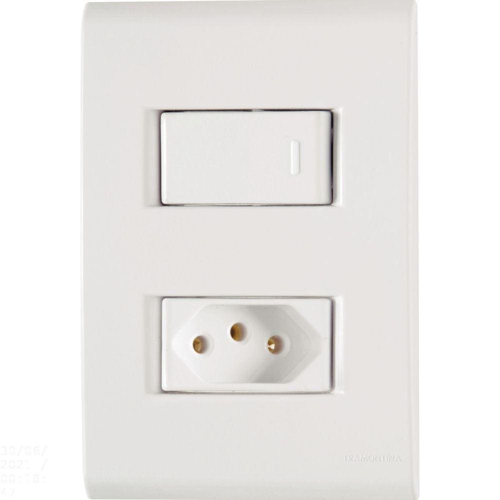 Conjunto 4x2 com 1 Interruptor Simples 10 A 250 V e 1 Tomada 2P+T 20 A 250 V Tramontina Liz Branco Tramontina