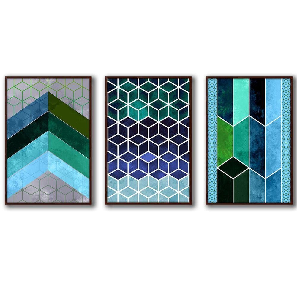 3 Quadros Decorativos Cor Azul Moldura Madeira