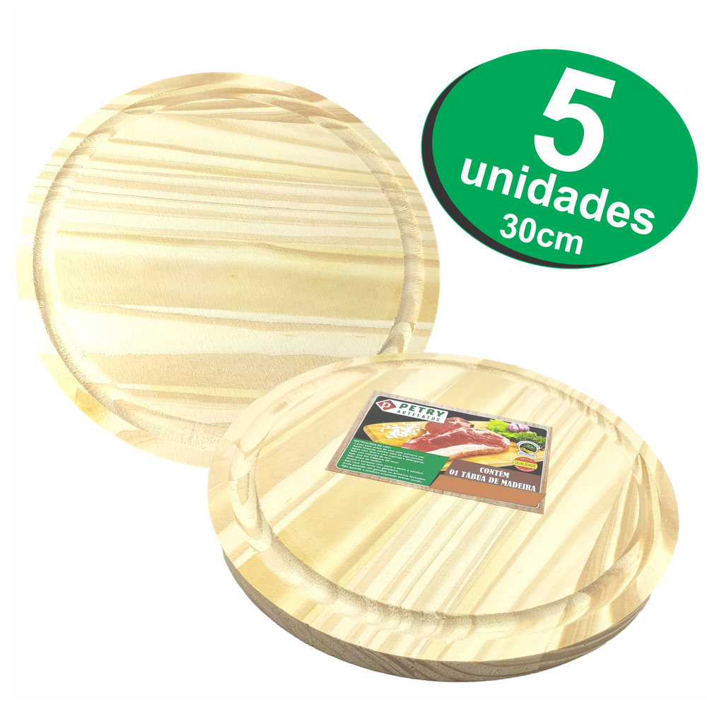 Kit 5 Tábua Redonda 30 cm Madeira Para Queijos e Frios Churrasco Pizza Petiscos Atacado