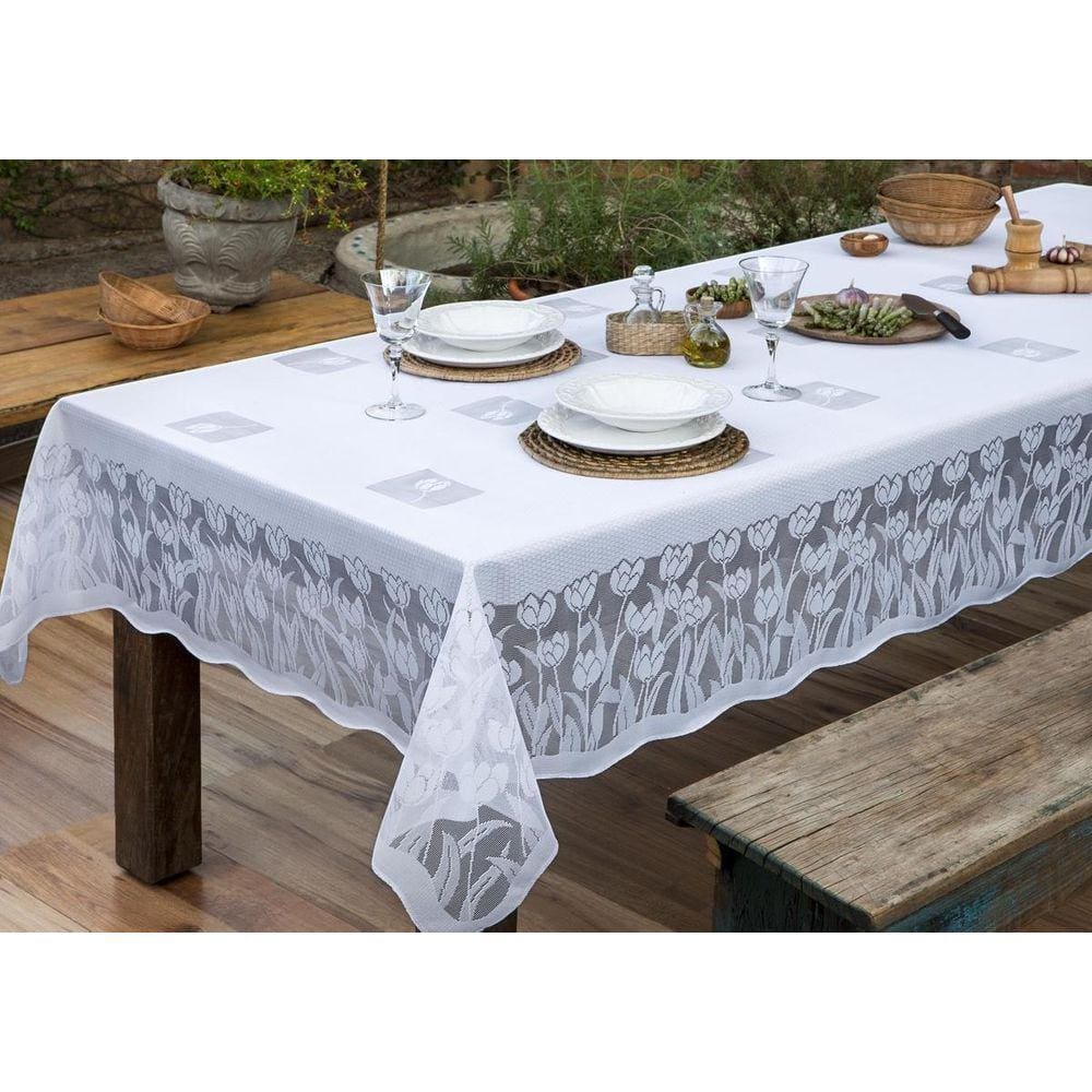 Toalha De Mesa De Renda 6 Cadeiras Branca Desenho De Tulipa
