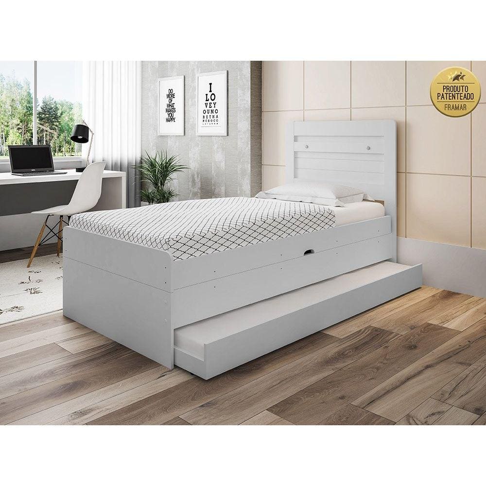 Cama Solteiro Larissa com Cama Auxiliar Branco - Framar Móveis