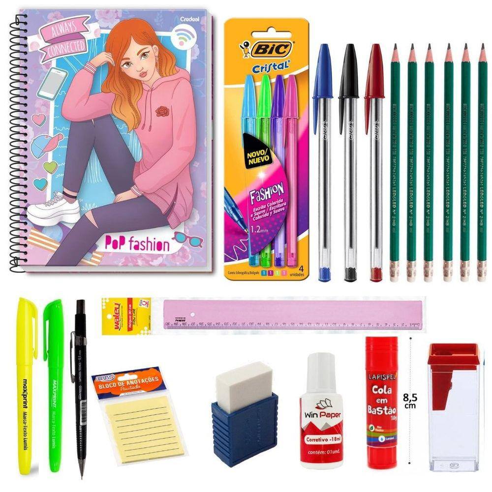 Kit Material Escolar Caderno 96 Folhas Com 15 Intens