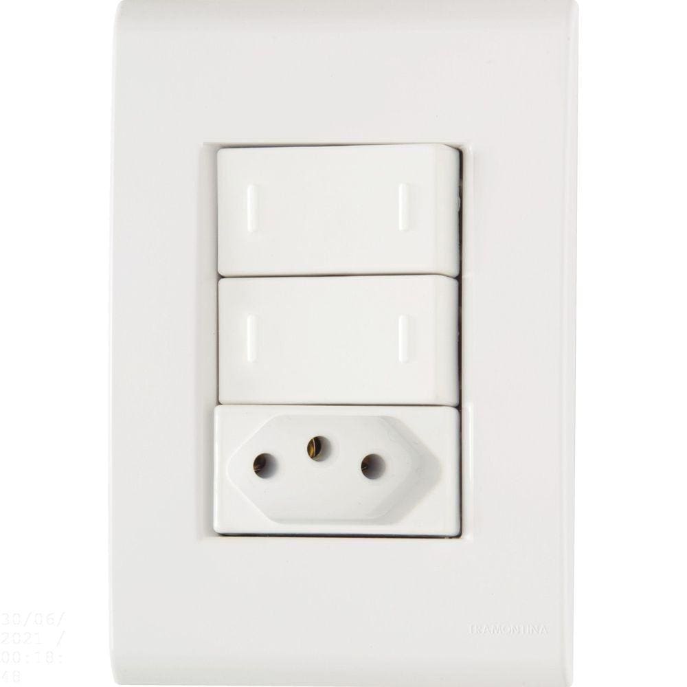 Conjunto 4x2 com 2 Interruptores Paralelos 10 A 250 V e 1 Tomada 2P+T 10 A 250 V Tramontina Liz Branco Tramontina