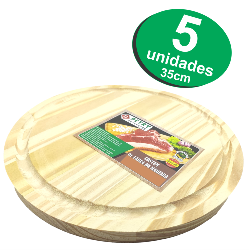 Kit 5 Tábua Redonda 35cm Madeira Para Queijos e Frios Churrasco Petiscos Pizza Carnes Atacado