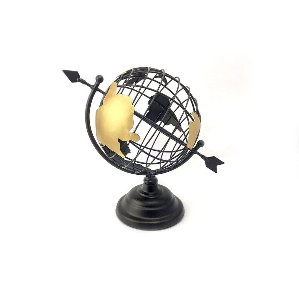 Globo Terrestre Decorativo Enfeite de Mesa Metal 29x18CM Preto e Dourado Decoração Escritório Casa