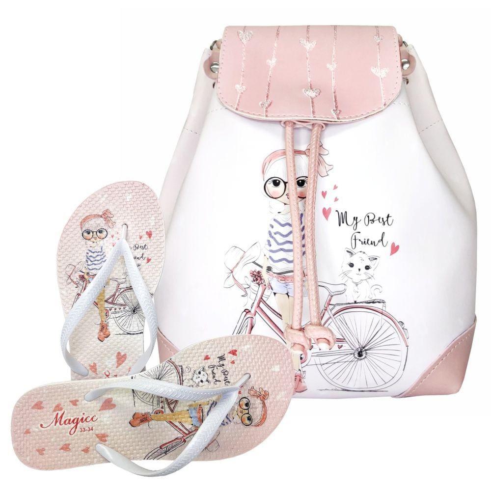 Kit Infantil Juvenil Feminino Mochila e Chinelo Menininha Bike, Magicc