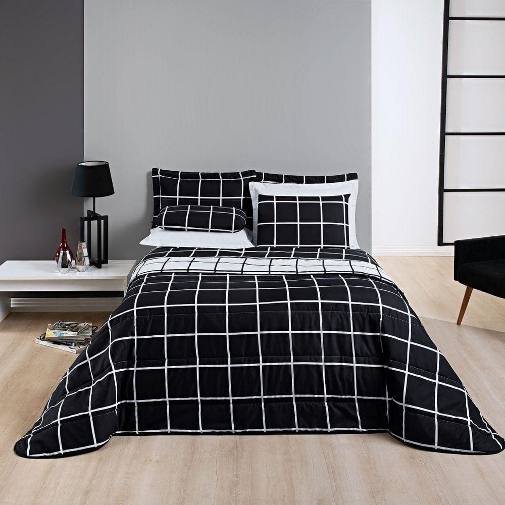 Cobre Leito Colcha Queen 3 peças Micropercal 200 Fios Matelado Dupla Face Austin - Preto e Branco
