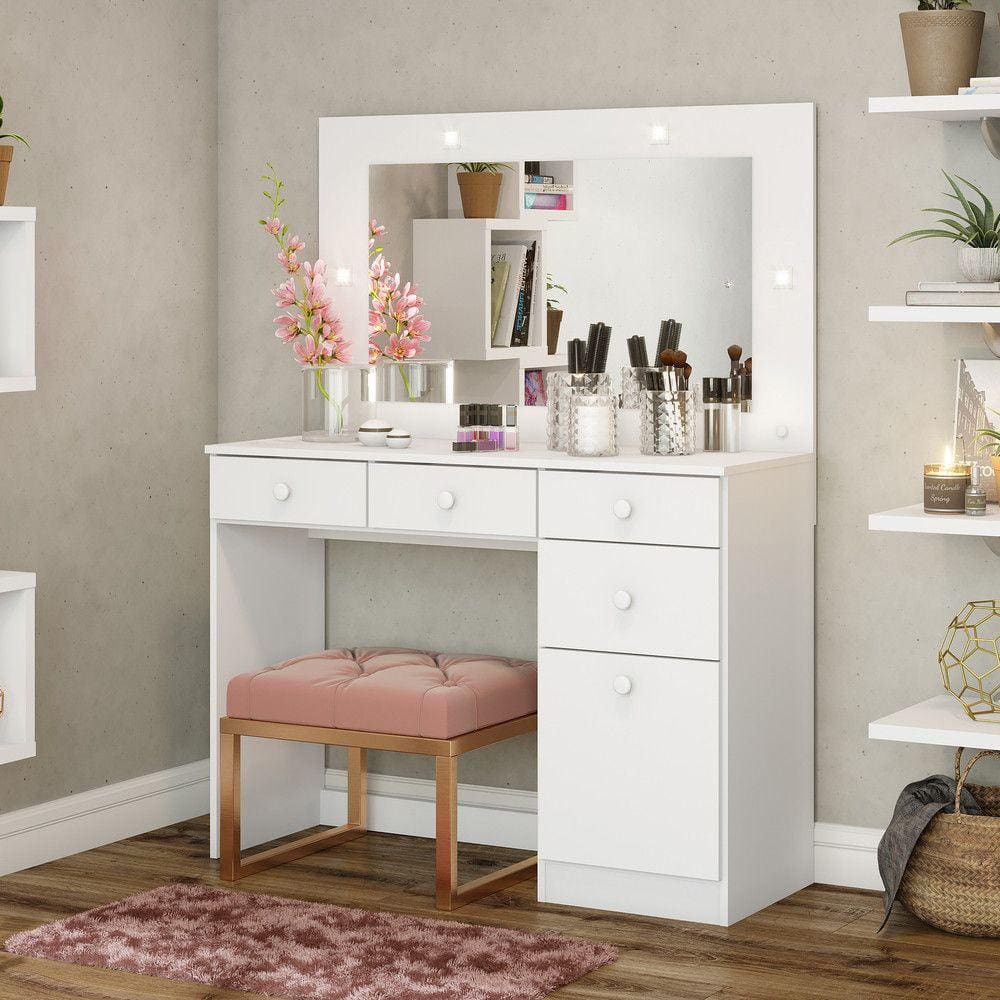 Penteadeira 01 Porta 04 Gavetas com Espelho e Led Charme Henn