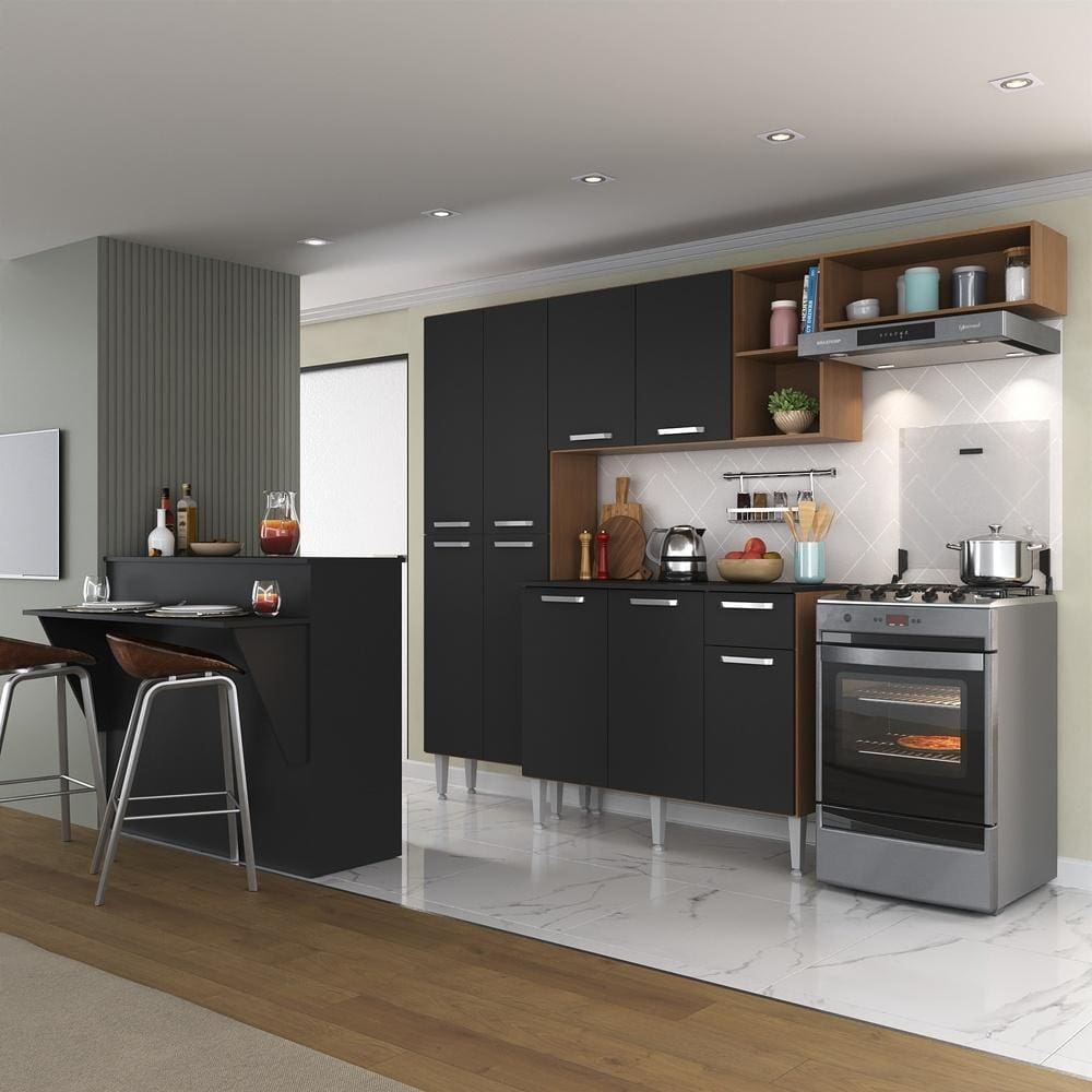 Cozinha Completa c/ Bancada Paris Multimóveis MP2044 Madeirada/Preta
