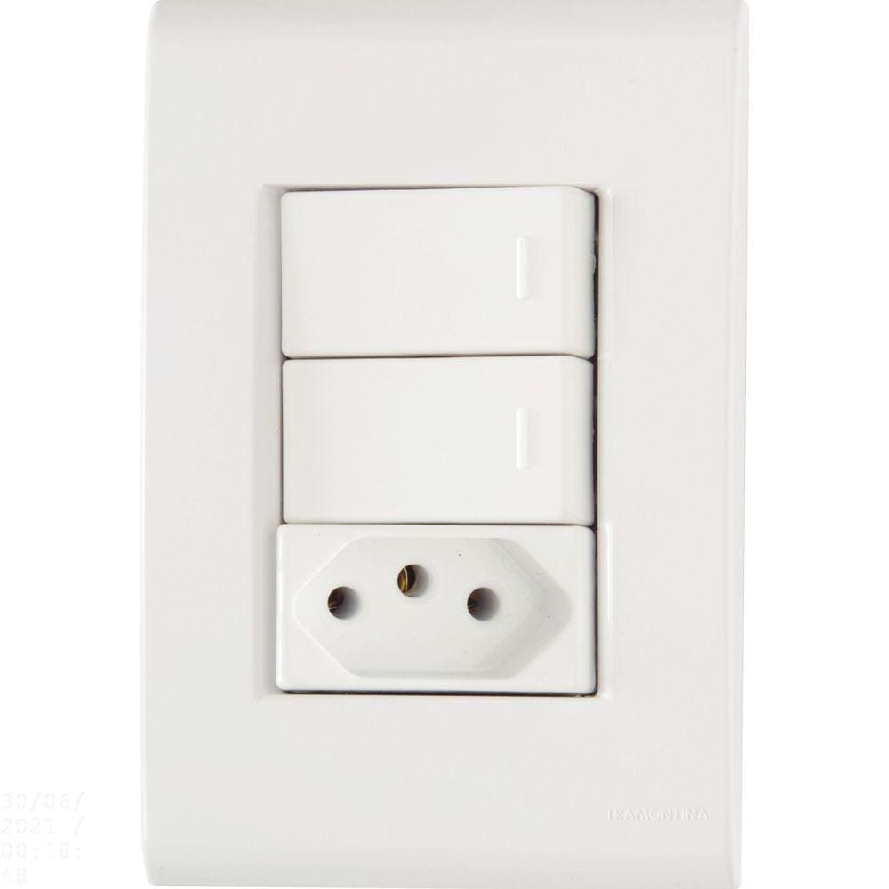 Conjunto 4x2 com 2 Interruptores Simples 10 A 250 V e 1 Tomada 2P+T 20 A 250 V Tramontina Liz Branco Tramontina