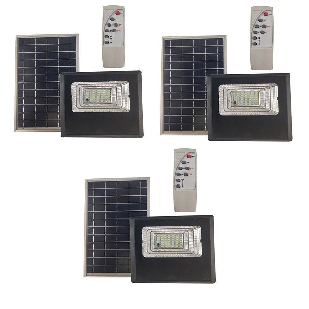 Refletor Solar 40W Kit 3 Uni Luminaria Holofote Sensor Placa Controle Energia