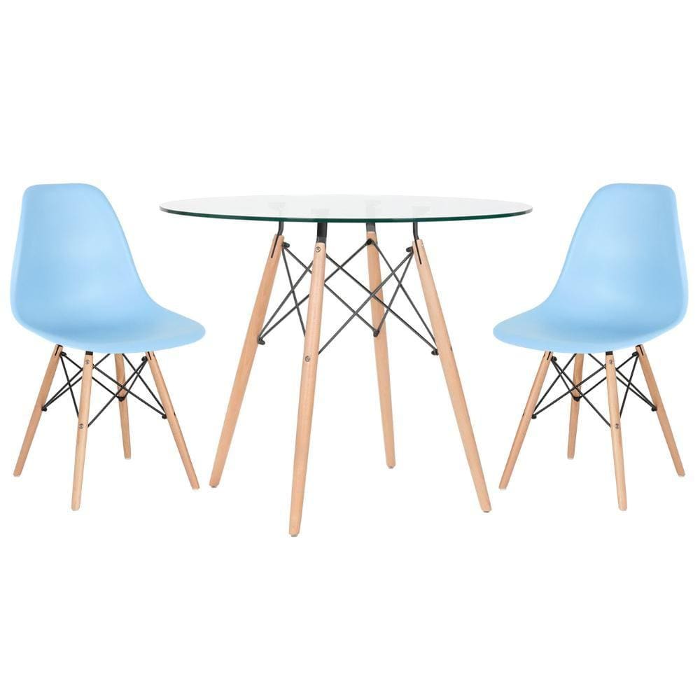 KIT - Mesa Eames com tampo de vidro 90 cm + 2 cadeiras Eiffel DSW