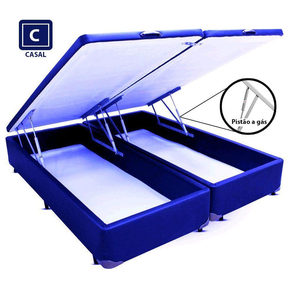 Cama Box Casal com Bau Pistão a gás azul Bipartido - 138x188x43