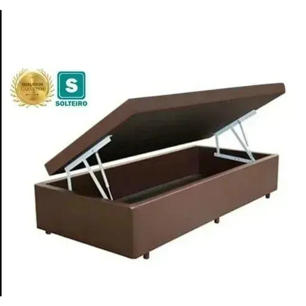 Cama box baú solteiro corino marrom -pistão A gás