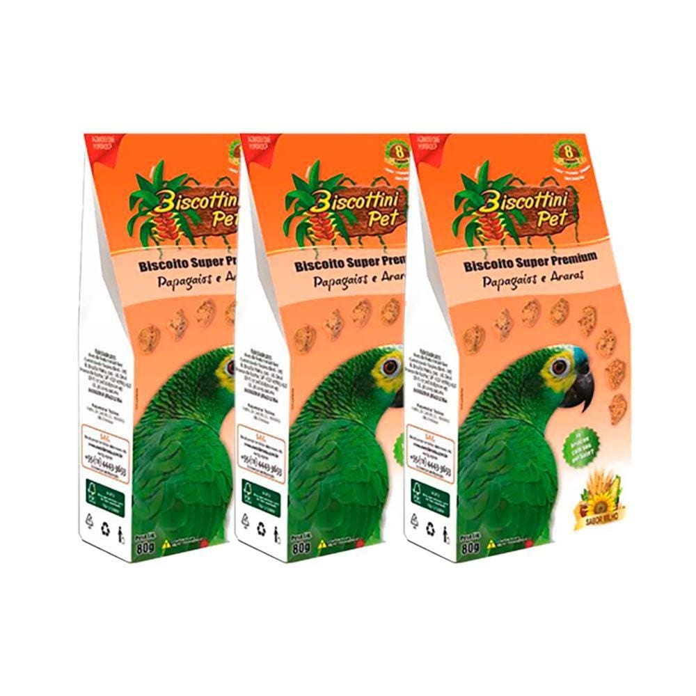 Kit 3 Biscoitos Biscottini Pet Para Papagaios Aves Da Mata - 80g