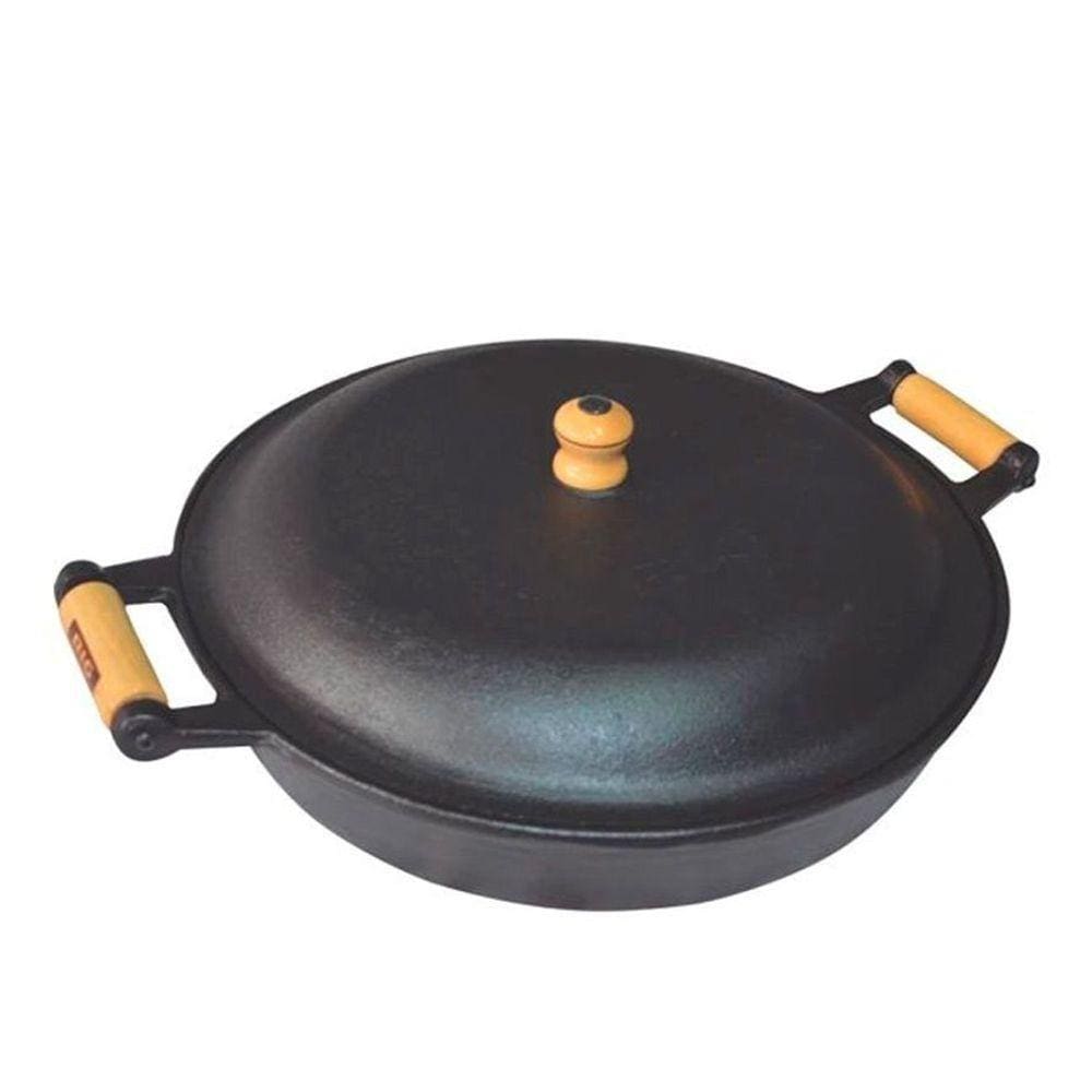 Frigideira Ferro Fundido Alça Madeira Tampa De Ferro 4 Litro