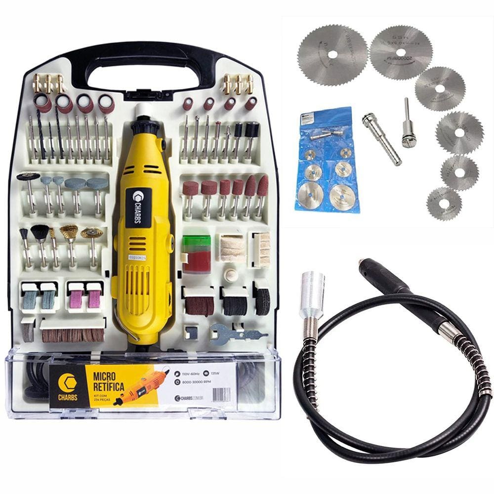 Micro Retífica com 234 Acessórios + Chicote + Jogo de Serra 220V