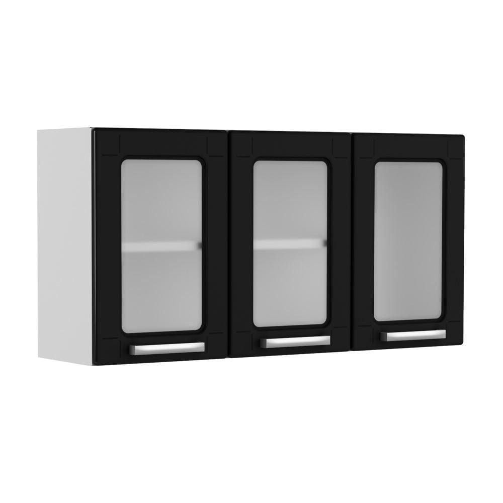 Armário Aéreo Organizador Para Cozinha Com Vidro 3 Portas 1 Prateleira Múltipla Branco e Preto