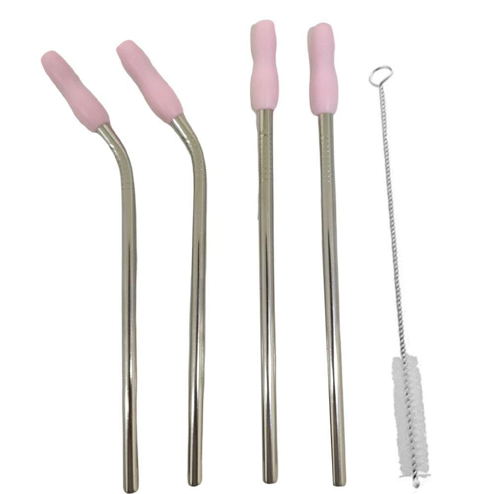 Canudo Aço Inox Reutilizavel Ecologico Kit 4 Peças MilkShake Bebida Vitamina Ponteira de Silicone Reto Curvo Escova de Limpeza Sustentavel