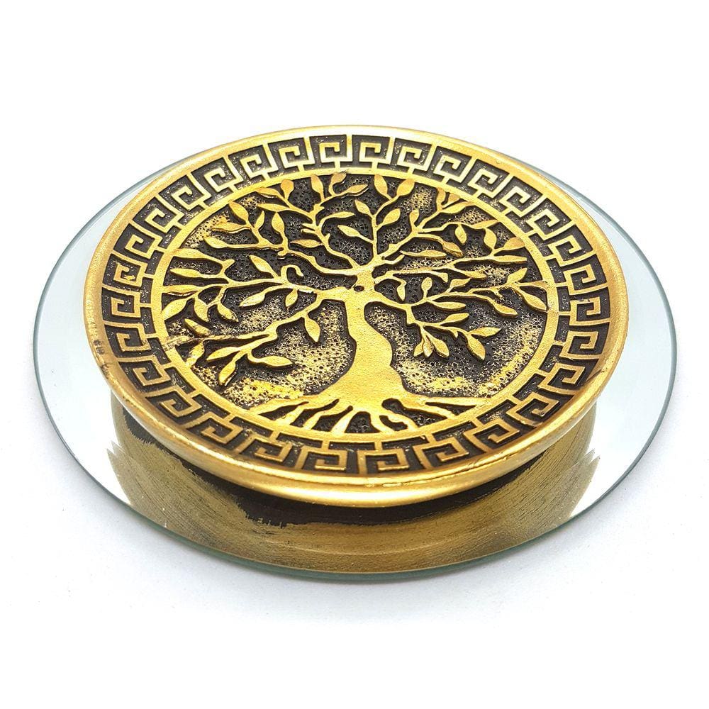 Kit Incensário de Vareta Árvore da Vida Bandeja Dourado 12cm