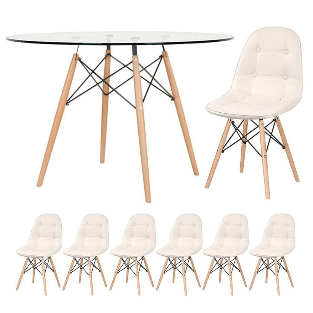 Mesa Eames com tampo de vidro 120 cm + 6 cadeiras estofadas Eiffel Botonê