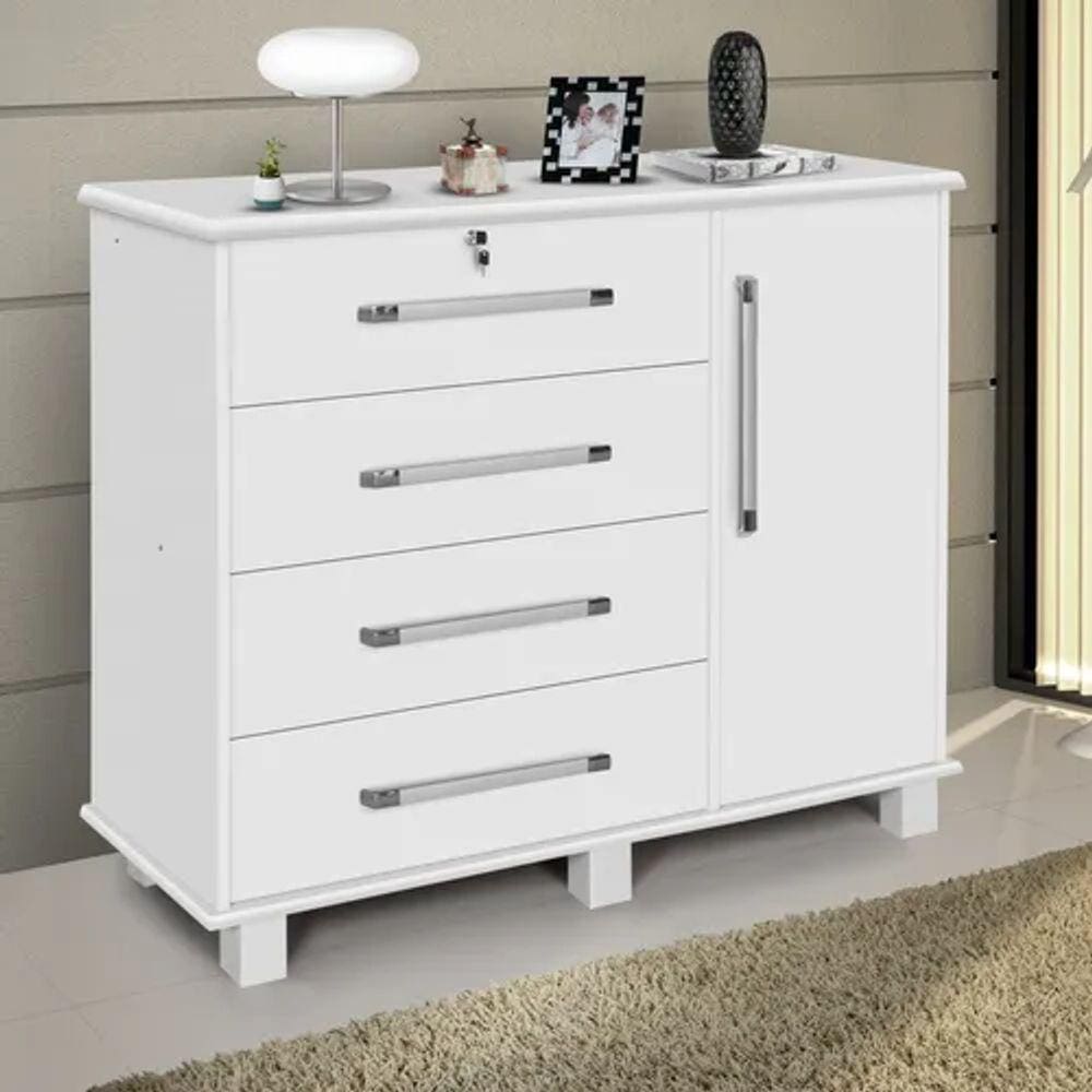 Cômoda 4 Gavetas 1 Portas Lisboa C/Gaveta Com Chave e Colmeia Carmolar Branco